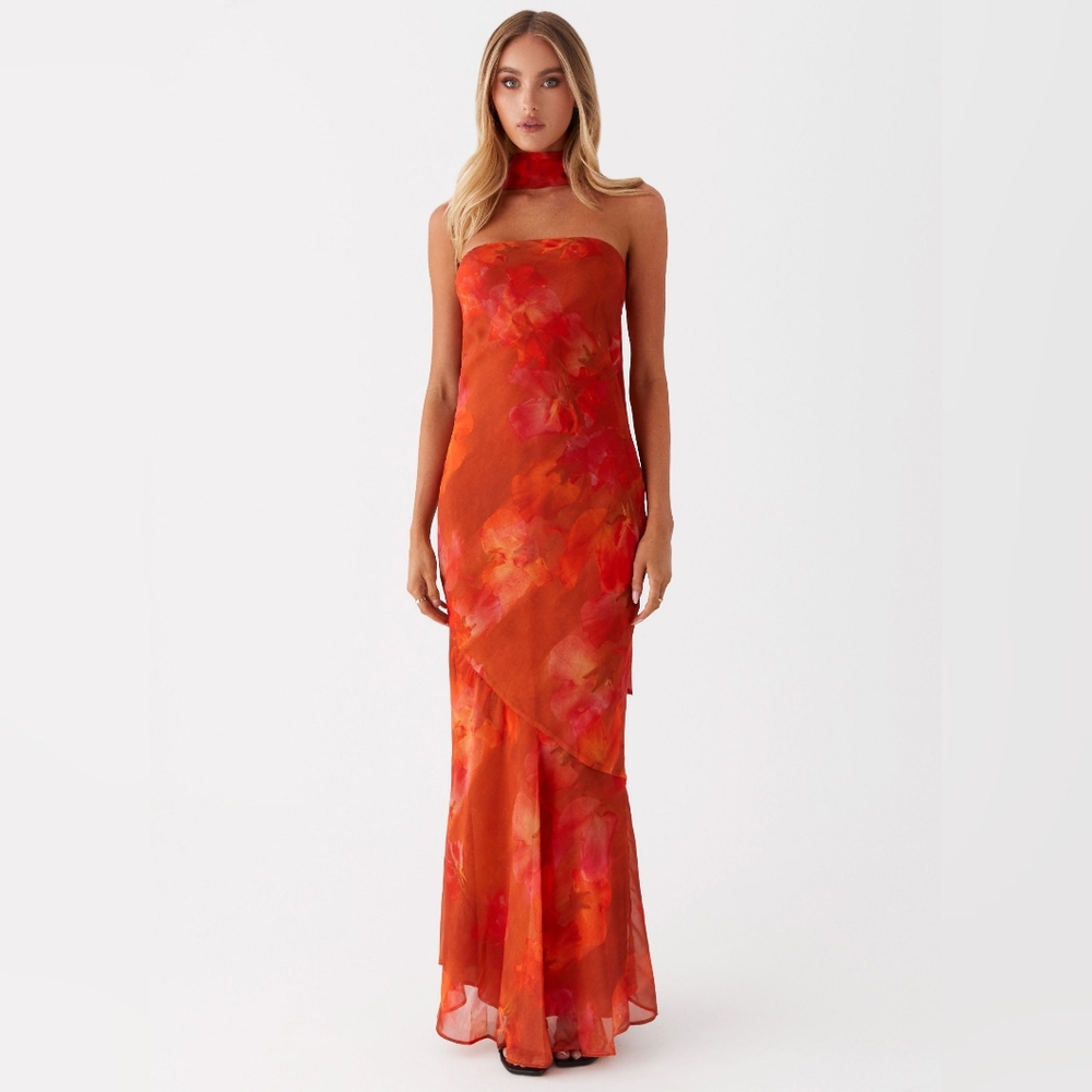 Peppermayo Orange & Red Floral Strapless Maxi Dress